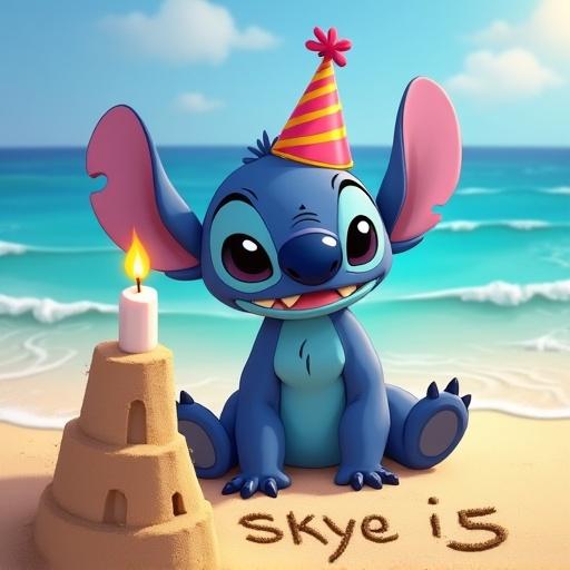 Stitch character with a party hat sits on a beach. Sand castle with candle is in front. Writing 'Skye is 5' in the sand.