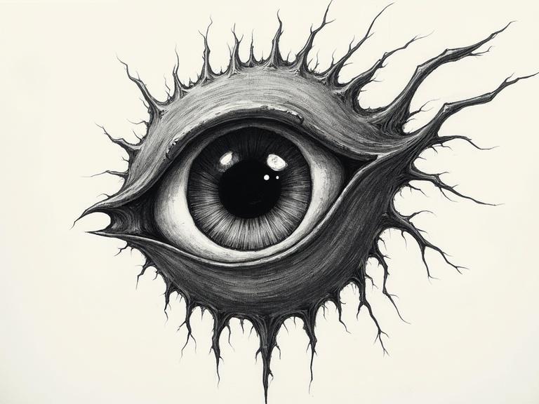 Drawing showcases a chaos eye with spiky tendrils. This artwork illustrates a corrupted eldritch specimen, resembling other floating eyes but with unique chaotic features.