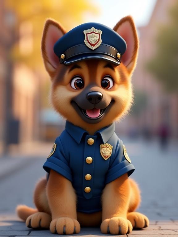 Realistic German Shepherd puppy in police officer uniform. Puppy is sitting or standing proudly, wearing a police cap and a badge. Expression is alert and friendly. Background is soft-focused street with warm lighting. No cartoon style; high-quality image suitable for children's educational projects.