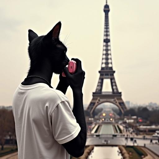 Realistic image of a young black kitten in a white t-shirt holding a pink camera in front of the Eiffel Tower. Background made of coffee grains with an artistic render.