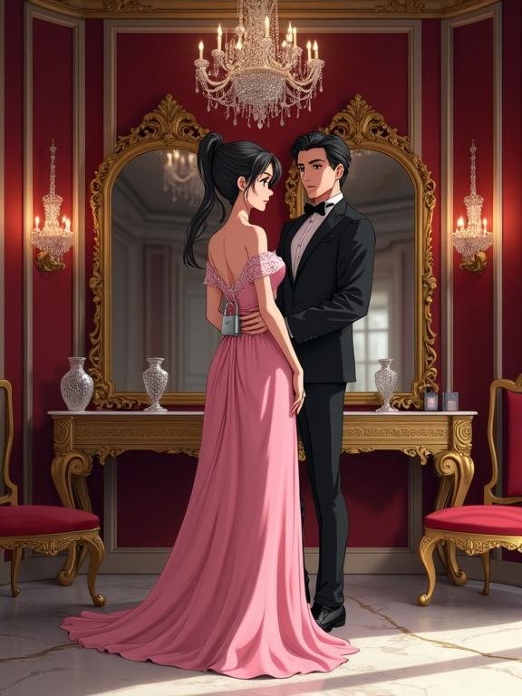 A luxurious vanity room features ornate gold-framed mirrors and deep red velvet furnishings. A tall woman in a black designer suit stands beside a 20-year-old crossdresser wearing a floor-length pink silk dress with white lace trim. The woman's hand rests on a silver padlock on the dress's back. She maintains direct eye contact with a stern expression. The crossdresser shows a surprised expression with reddened cheeks. Warm lighting from chandeliers casts gentle shadows on polished marble flooring. A detailed vanity table with crystal vases and perfume bottles adds elegance. This digital anime artwork combines clean linework and soft shading in a romantic realism style.