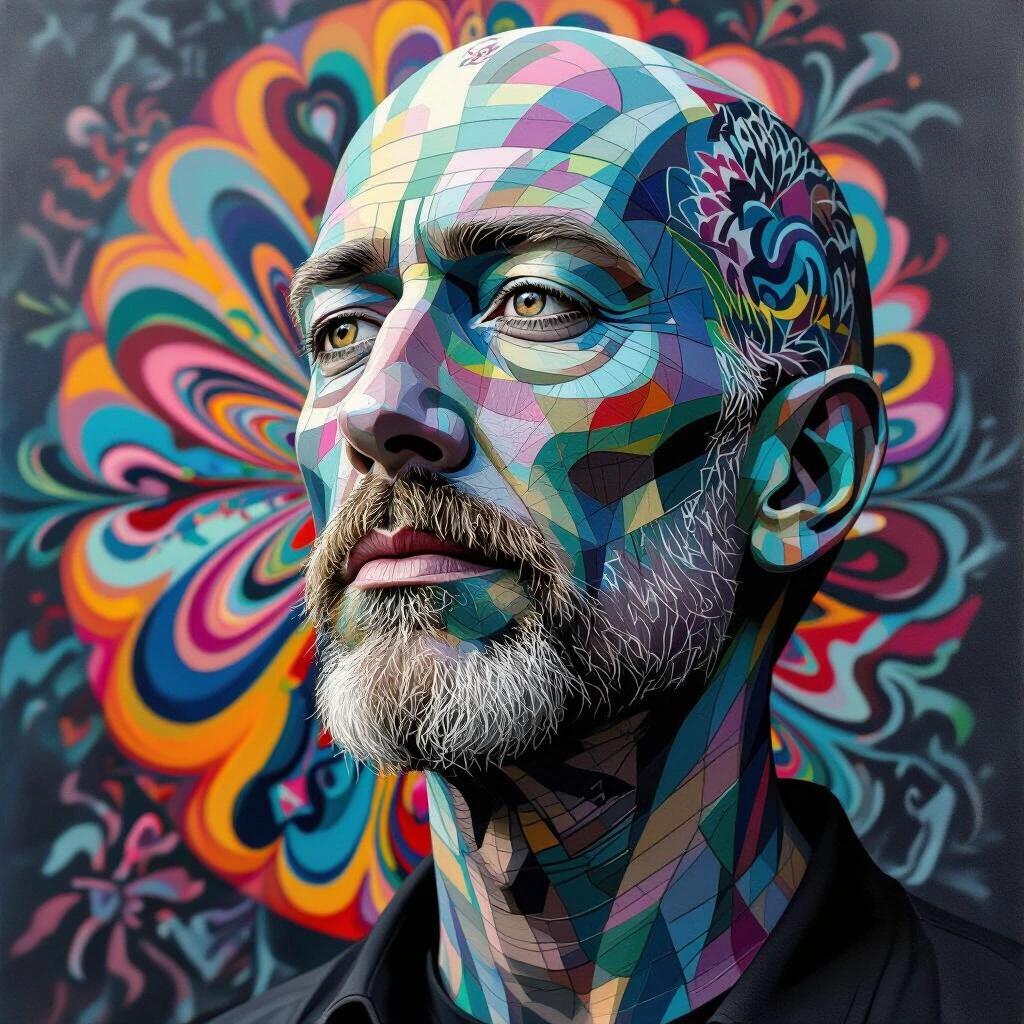 A vibrant portrait of a man with a painted face using geometric designs. Background features a colorful, swirling pattern. Focus on the detailed facial art and vivid colors.