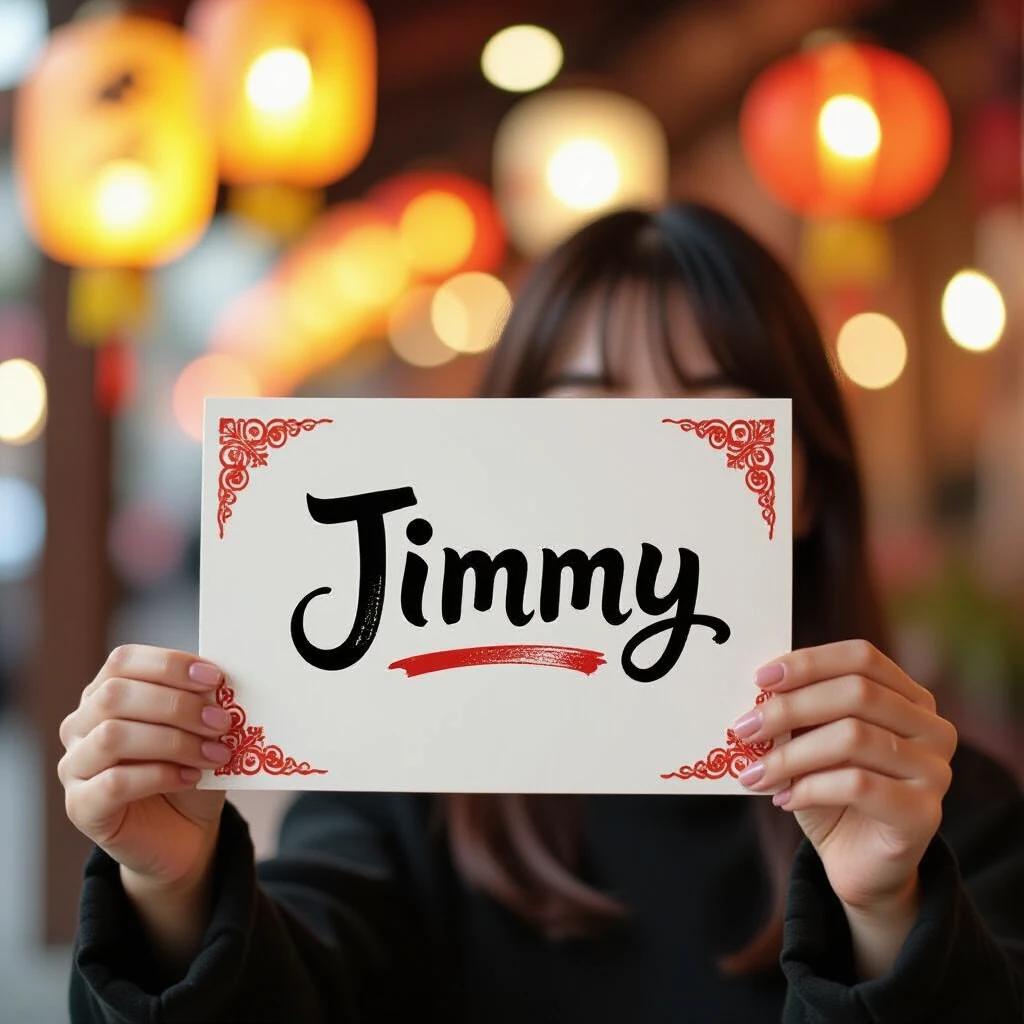 A person holds a hand-painted card with the word 'Jimmy' written in calligraphy. Background features soft lighting from lanterns.
