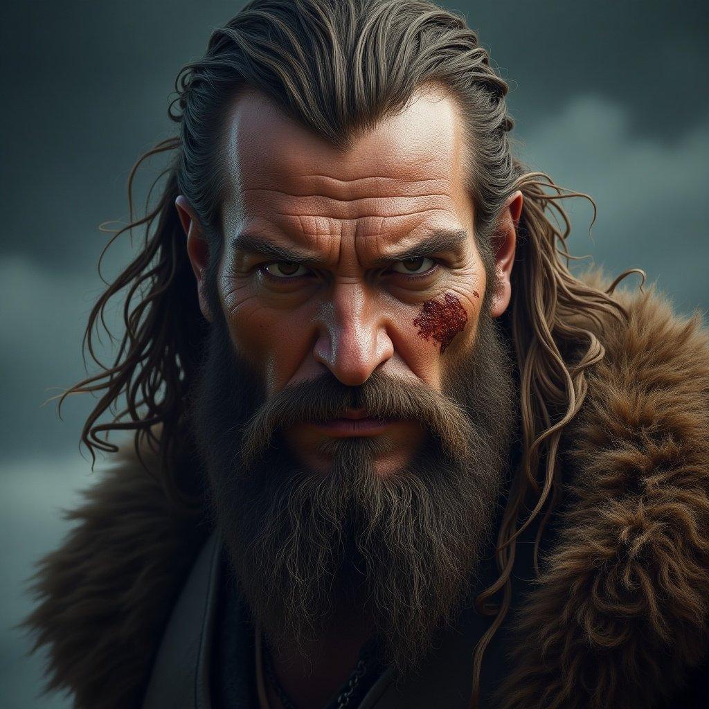 A rugged barbarian face is depicted. Intense expression with a scar on the cheek and thick beard. Dark, dramatic background enhances facial features.