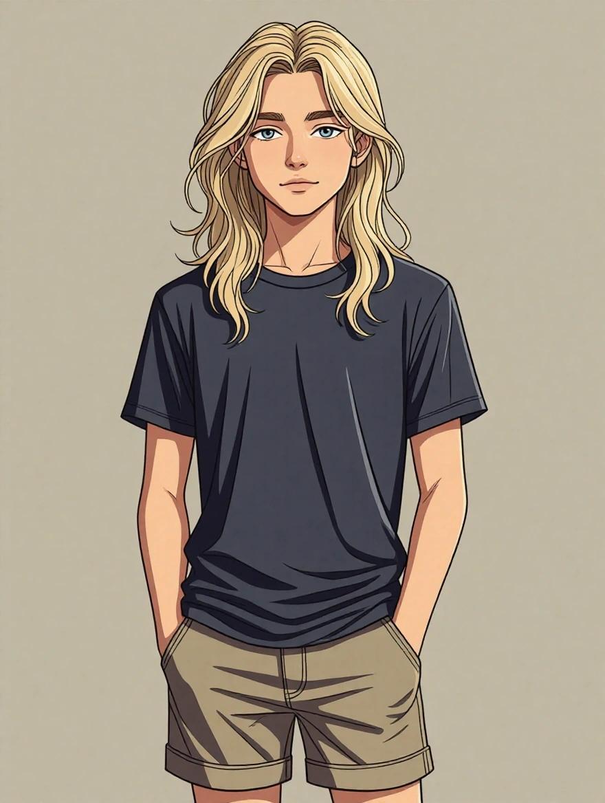 Drawing of an androgynous boy with long blonde hair. He is wearing a t-shirt and shorts. The style is vector art. He has a slender build. The background is simple.