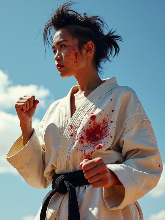 Athletic woman wearing a karate gi with blood smudges standing in a fight stance. She has bruises on her face and untidy hair. Focused on winning, fists raised. Background features a blue sky with clouds and bright sunlight.