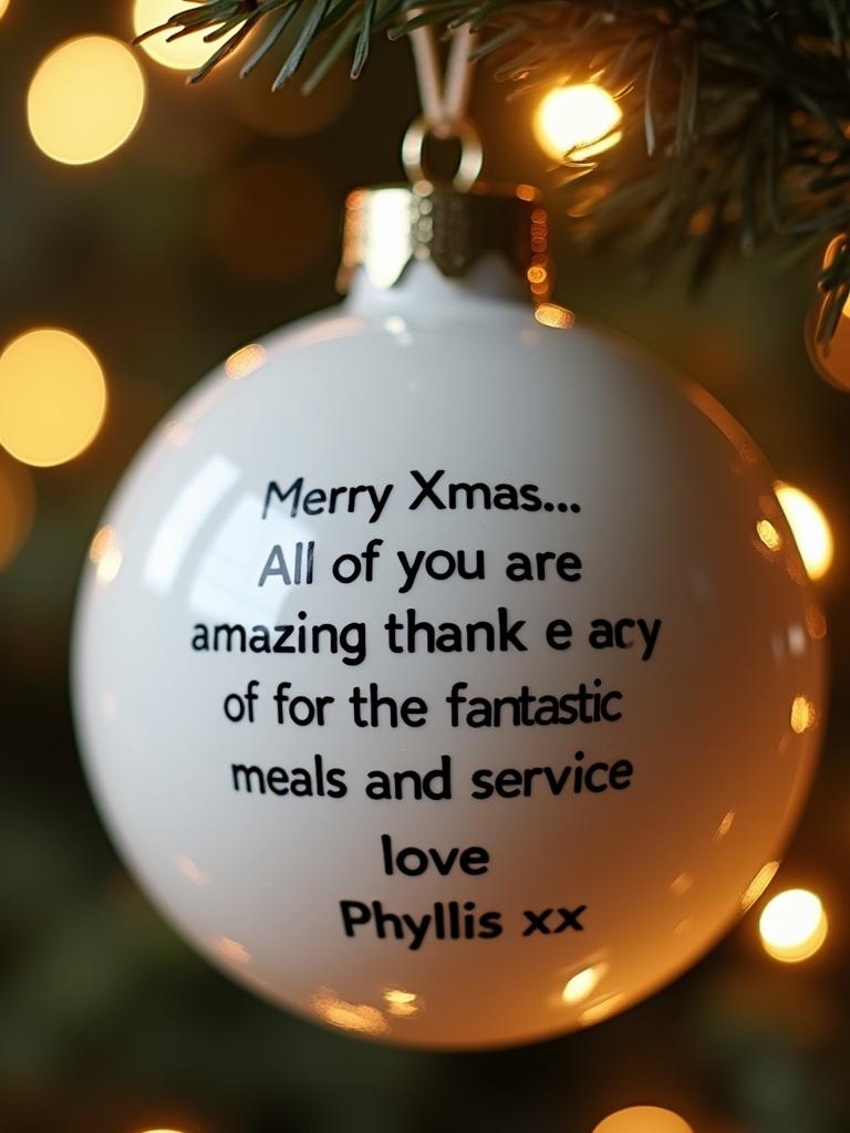 Close-up image of a white bauble with text reading Merry Xmas. Background features twinkling lights. Text expresses gratitude for fantastic meals and service from Phyllis.