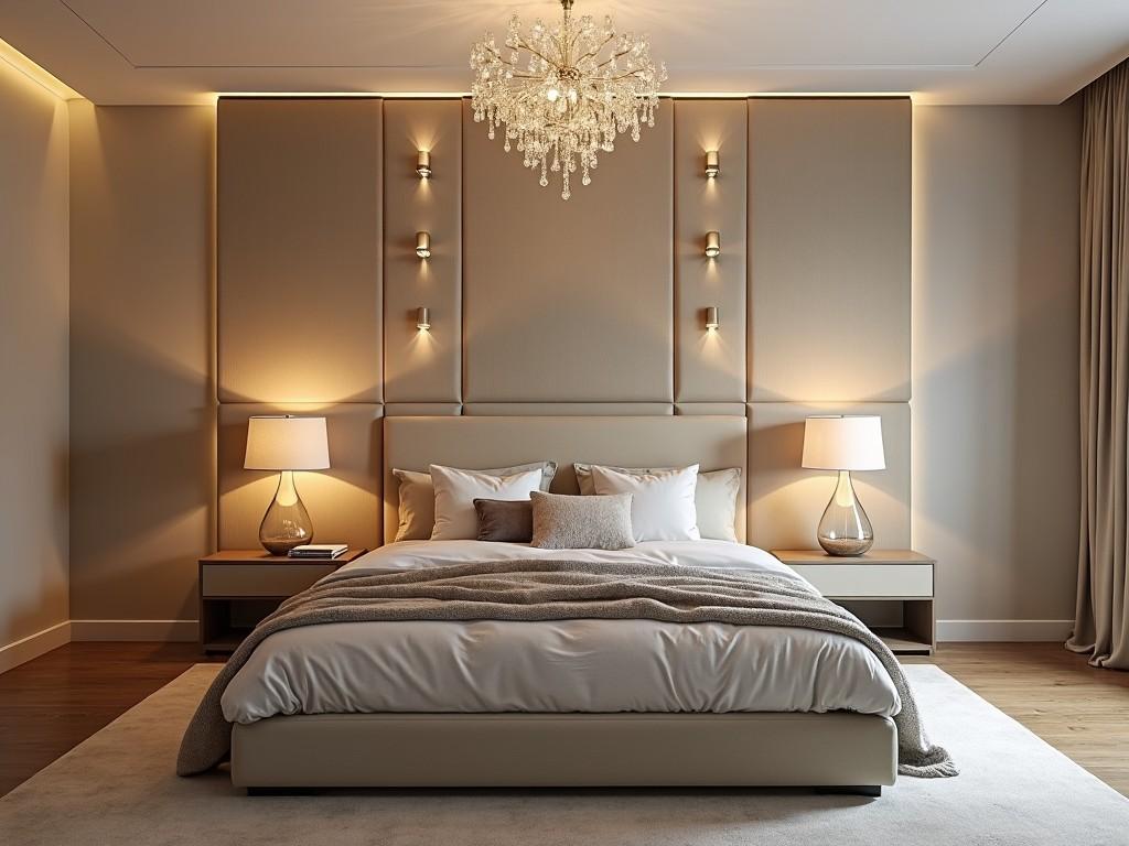 A contemporary bedroom with a neutral color palette. The bed is upholstered in beige with layered bedding, creating an inviting look. There is a textured wall panel that features recessed lighting, enhancing the room's atmosphere. The wooden floor adds warmth, while a modern chandelier hangs from the ceiling, providing stylish illumination. Side tables on either side of the bed are topped with elegant lamps, completing the sophisticated and cozy environment.