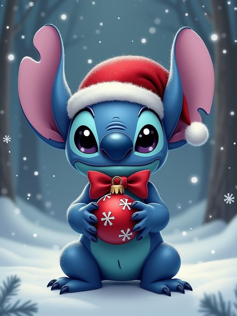 A cute blue character with large ears dressed in Christmas attire. Character holds a Christmas bauble surrounded by snow and trees. Bright and festive atmosphere.