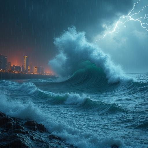 A tsunami wave is approaching a city. City is burning and there is heavy rain. Lightning and thunder create a dramatic atmosphere.