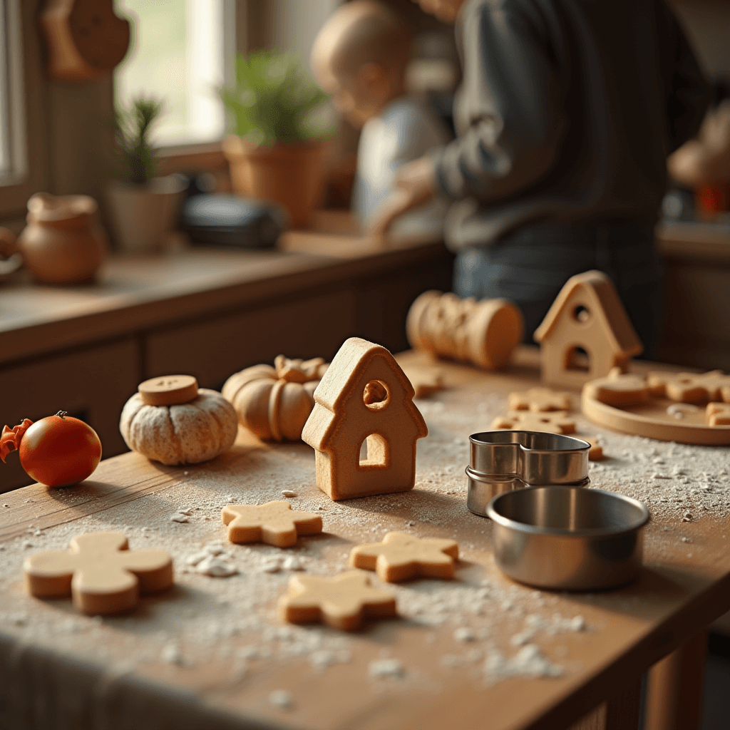 A warm kitchen scene with cookie dough and baking tools on a flour-dusted table.