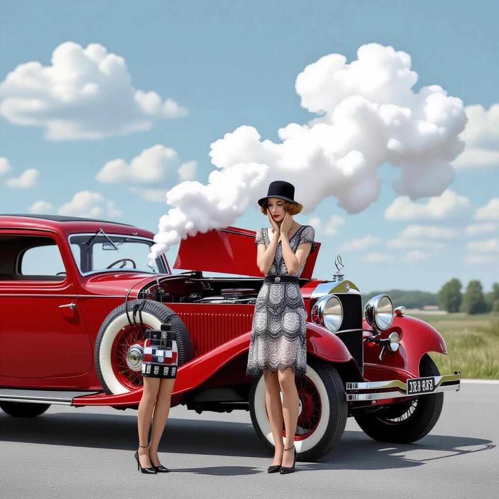 1925 roadside scene. Art Deco socialite stands beside a red Mercedes-Benz 18/100 PS Sportwagen. Leaning over left-side fender. Both palms pressed to cheeks. Head tilted down. Eyes focused on the carburetor. Hood fully opened revealing engine. Huge steam clouds erupting from radiator. Comedic despair expression. Misty mountains in background.