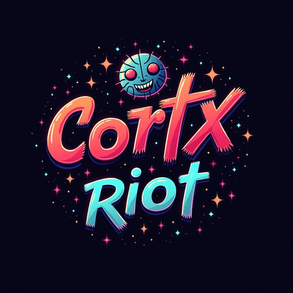 Logo design for a TikTok channel named Cortex Riot. The design includes stunning typography filled with vibrant colors. Elements of animation, digital art, fashion, dance, and theatre included. Modern style with a fun and energetic vibe.