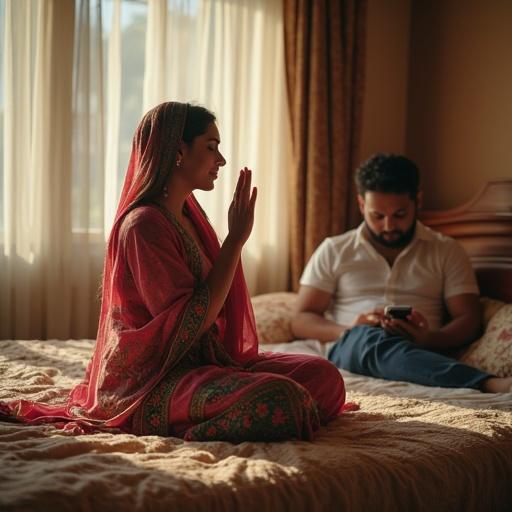 In a luxury Pakistani bedroom an attractive lady in traditional dress prays with raised hands. Her husband reclines on the bed using his mobile phone. Natural daylight brightens the room that features wooden furniture and embroidered cushions.