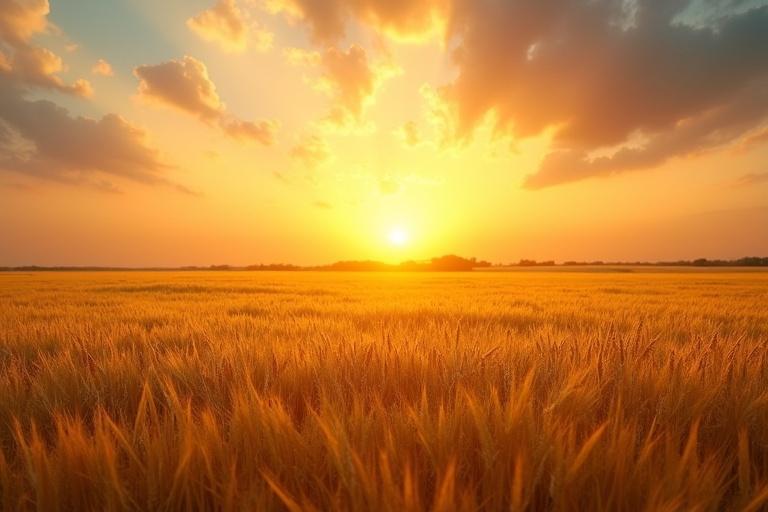 Golden wheat field illuminated by bright sunlight under a sunset sky filled with fluffy clouds. Field stretches into the horizon creating a serene landscape.