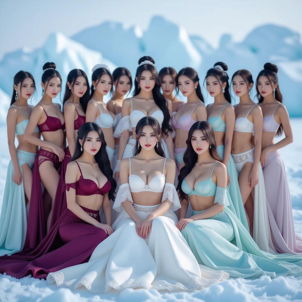 Gathering of women dressed in luxurious Chinese bras and panties. They pose in icy post-apocalyptic setting. Colors include Maroon; soft purple; jade green; sky blue; ivory white. Five prominent women sit majestically in front. Background shows frozen landscape.