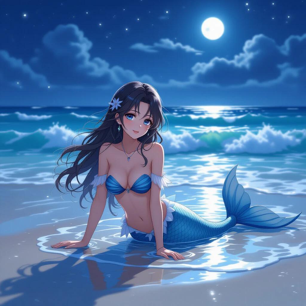 Anime style high definition artwork of a mermaid in shallow ocean water on a deserted beach with choppy seas and moonlight