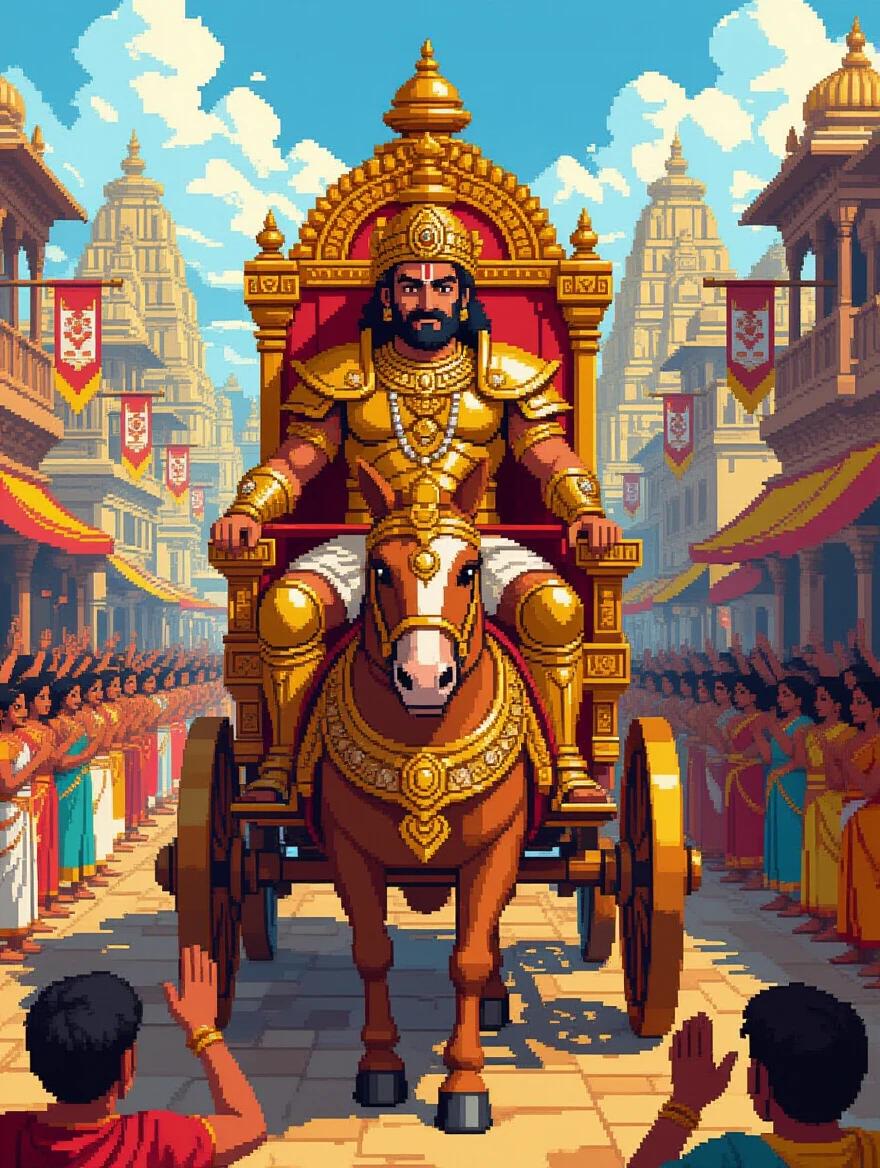 A pixel art scene depicts Karna as King of Anga. He wears golden armor and rides a decorated chariot. Citizens salute him in the streets. Background includes temples and happy people. The atmosphere is festive and heroic.