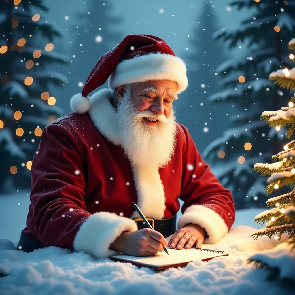 Santa Claus writing in snow with a joyful expression. Surrounded by snow-covered trees and twinkling lights. Winter wonderland atmosphere.