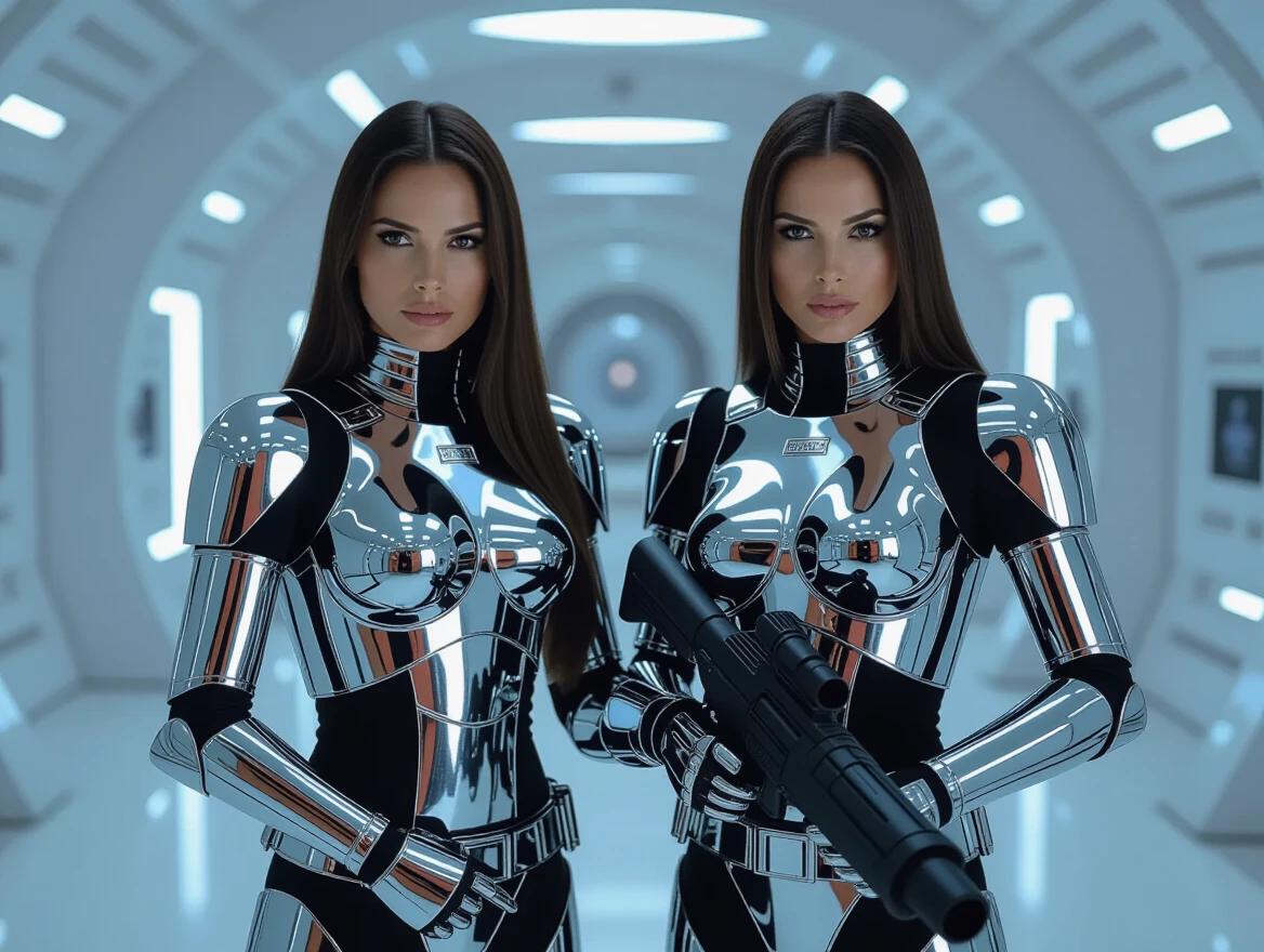 Two women in shiny chrome armor pose in a futuristic corridor. One holds a large gun. They embody elements of science fiction and advanced technology. The setting is sleek and minimalistic with a bright blue tint.