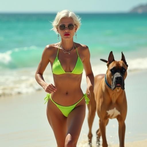 A realistic image of a beautiful woman in a bikini runs on the sandy beach while accompanied by a Great Dane. The woman has platinum blonde short hair, wears glasses, and has red lips. The bikini is lime green and very low-cut.