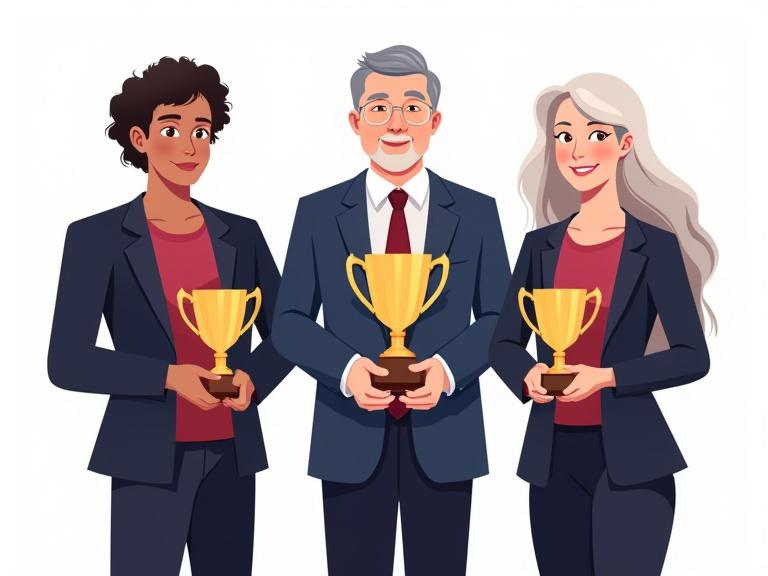 Illustration depicts three adults dressed in business attire. They stand side by side, celebrating an achievement. Adult on left holds small trophy. Central figure proudly displays large trophy. Adult on right holds medium-sized trophy. All three smile as a unified team. Color palette includes rich maroons and navy blues for clothing. Background is transparent.
