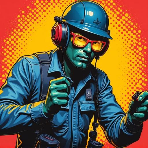 Electric engineer is illustrated in a pop art style. Background features vibrant colors. Figure has professional attire typical of the field. Emphasis on dynamic poses and bold outlines.