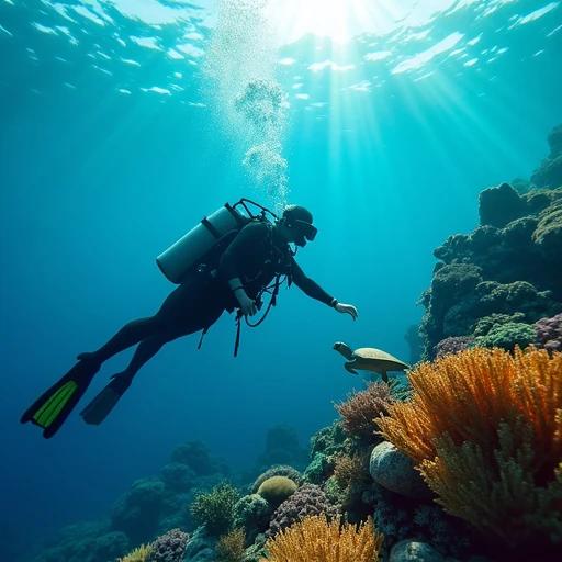 Scuba diver wearing diving suit and equipment diving in the sea interacting with a turtle. Soft light rays penetrate the water illuminating colorful healthy coral. Scene cinematic immersive breathtaking captured from a distance with enhanced color and depth perception.