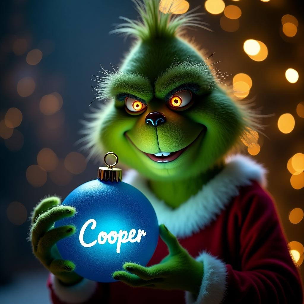 A Grinch holding a glowing blue Christmas bauble labeled Cooper. Twinkling lights create a festive ambiance. Ideal for Christmas-themed content.