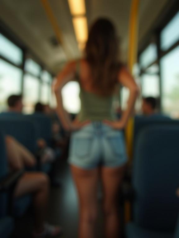 Blurry photo of a woman standing in a bus. She wears a tank top and shorts. Motion blur evident. Overhead lights create highlights. The scene is casual and lively.