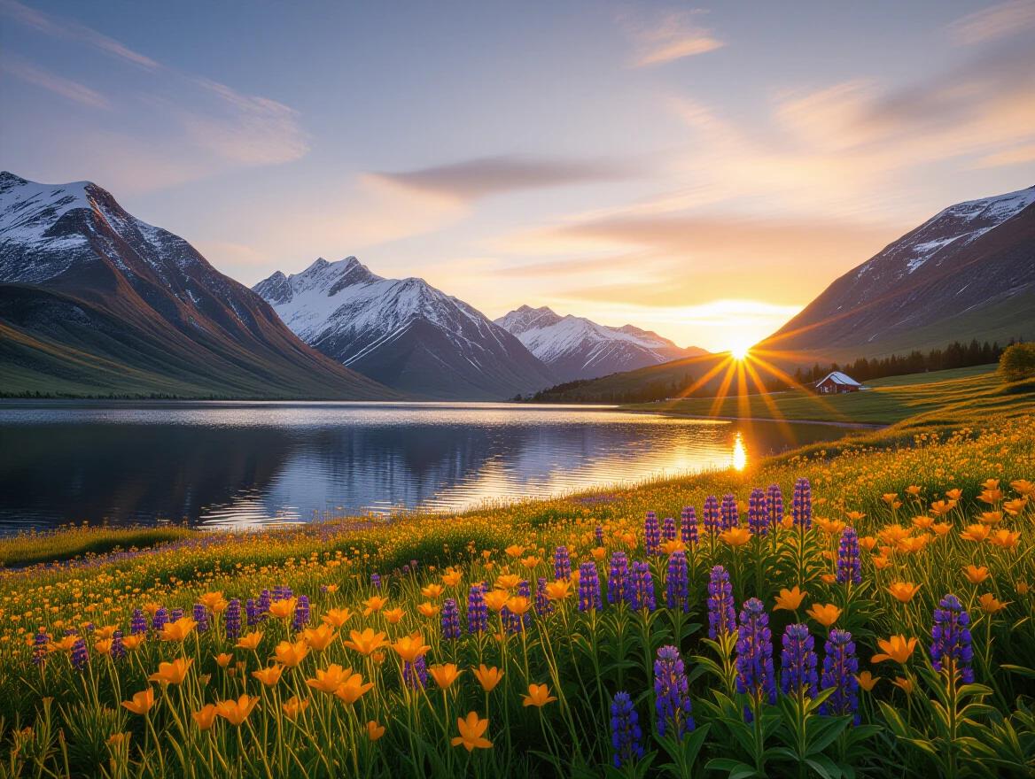 Cinematic landscape shot featuring wildflowers in the foreground. A tranquil lake and cottage are present in the middle ground. Snowy mountains are visible in the distant background. A sunset sky enhances the scene. High depth and detail are prominent.