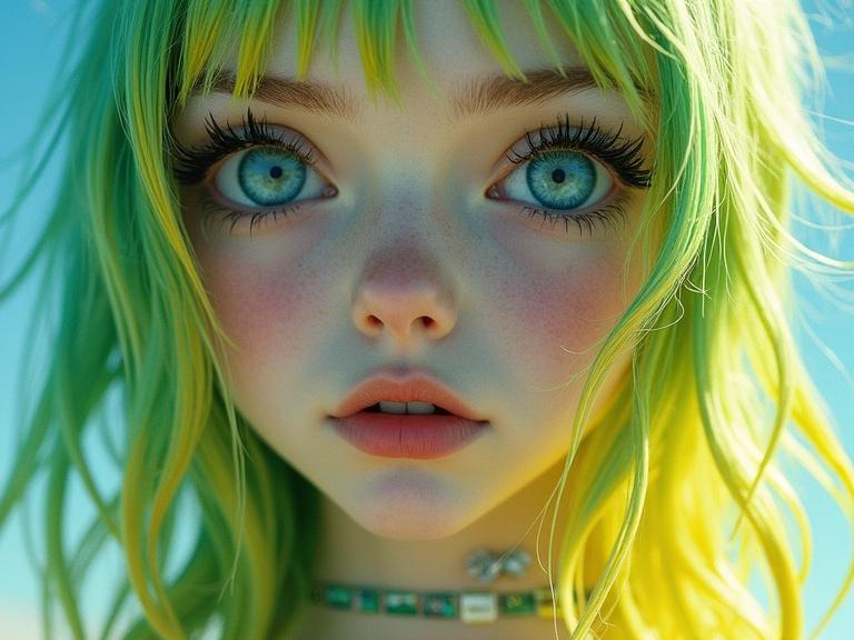 Bright surrealism art. Close portrait. Young female with vivid blue eyes, shoulder length green/yellow striped hair, silver tips, pale skin with green/yellow stained glass patches extending outward like blades. Bold colors and gradients.