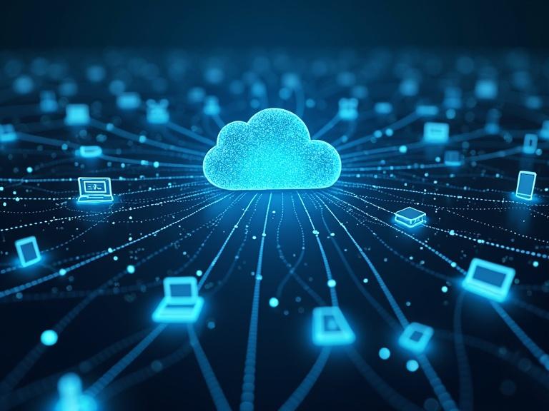 Image depicting cloud computing connectivity with various devices. Central cloud connected to multiple devices through glowing lines.