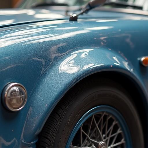 Close-up image of a car showing swirls in the paint. Blue color with a shiny surface highlighting curves and reflections.