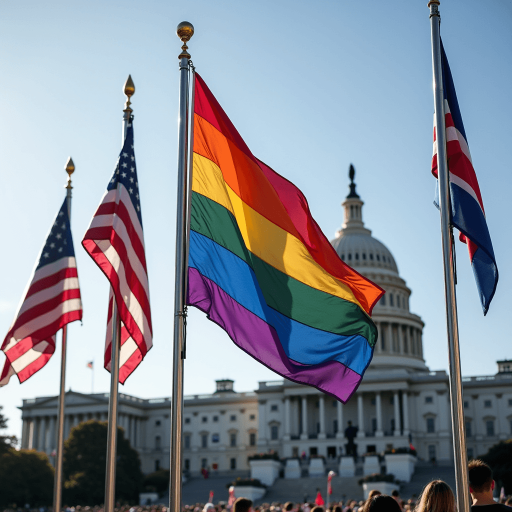 A vibrant pride flag waves alongside American flags in front of the U.S. Capitol, symbolizing unity and diversity.