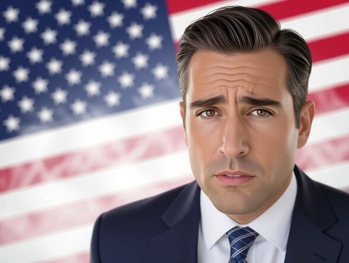 Ultra-realistic 3D photo in 4K quality featuring a close-up dramatic face of an American citizen with a shocked and desperate expression. Torn US flag in the background, cold and contrasted lighting creates a political tension atmosphere with light smoke behind. Journalistic style with visual impact.