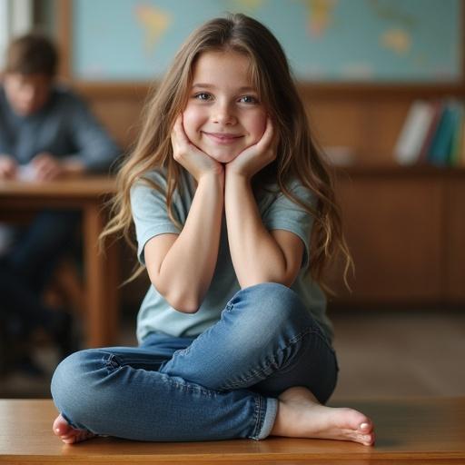 A barefoot girl is smiling while sitting cross-legged. The girl is wearing jeans and has a relaxed pose. The classroom environment is visible. The atmosphere is playful and calm.