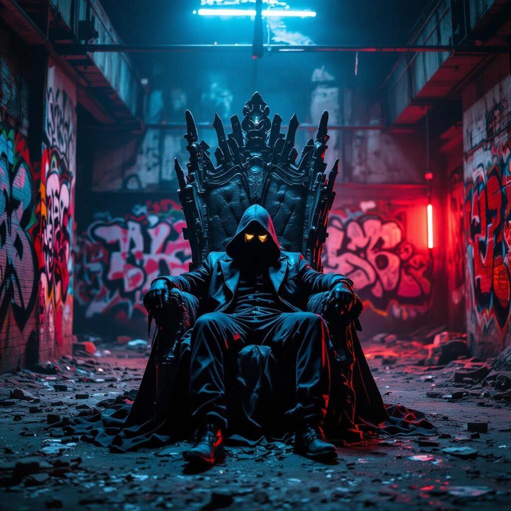 Crumbling throne in a graffiti-covered warehouse. Masked figure lounging in an imposing position. Ambient red and blue lighting creates a gritty texture. Powerful silence enhances the mood.