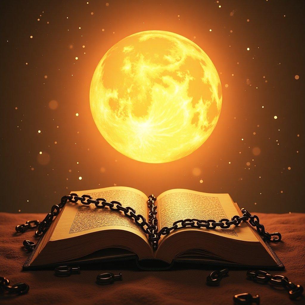 Open book with chains on it. Bright golden moon in the sky. Warm lighting from the moon. Spiritual and thematic elements of knowledge and unity.