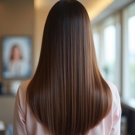 Stunning Japanese straight hair viewed from the back with a shiny and beautiful halo effect.