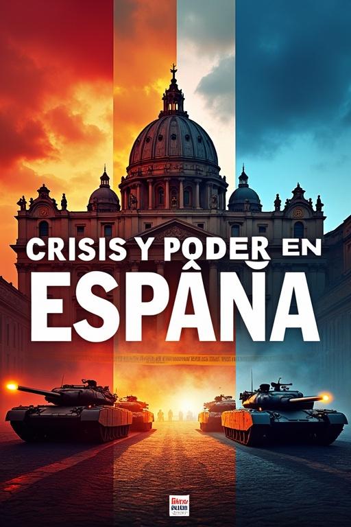 Dramatic YouTube thumbnail illustrating Spanish political news. Background divided into three vertical sections. Left section shows Basilica resembling St. Peter's, symbolizing funeral. Center section displays old political building with police lights and caution tape. Right section features tanks with Spanish flag indicating increase in military spending. Add text 'CRISIS Y PODER EN ESPAÑA'. Use colors red, white, and blue. Style realistic and vibrant, high contrast. Include small logo 'Nueva Política Española 2.0'. Aspect Ratio: 16:9. Focus on emotional storytelling and dynamic composition.