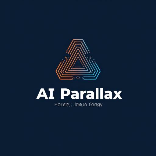 Create a modern minimalist logo for AI_Parallax. Focus on AI automation. Use simple shapes and legible typography. Include a triangular shape for the letter 'A'. Add circuit patterns. Use deep blue and vibrant orange colors. Reflect technology innovation.