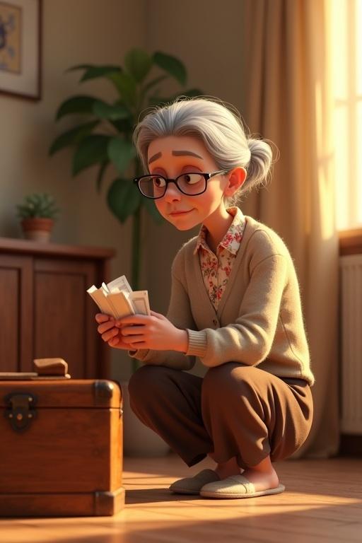 A cartoon scene in a Pixar-style animated universe. An elderly mother crouches by an antique wooden chest in a cozy living room. She holds folded bills with trembling hands. Her face shows hesitation and sadness. The room has golden-hour lighting, emphasizing a soft, melancholic tone. The woman is in her 60s with silver hair, round glasses, and wears a beige cardigan and a floral blouse. The scene is highly detailed in 8K ultra-HD.