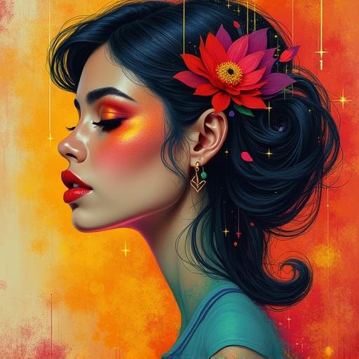 A beautiful woman with an abstract background. Profile view highlighting vibrant colors and floral decoration.