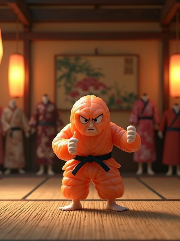 3D animated sushi performing martial arts in Japanese dojo. Surrounded by traditional decor and warm light. Martial arts stance creates an energetic scene.