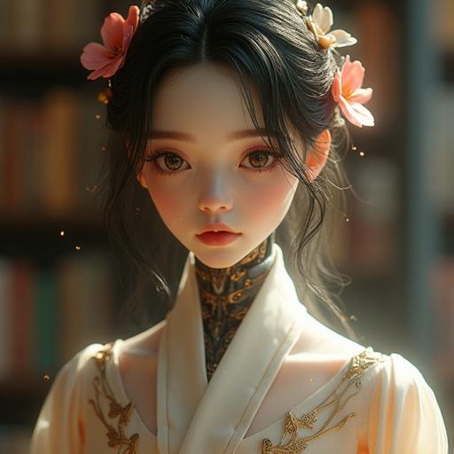 Full body shot of an android girl with natural skin texture. She has visible pores and subtle imperfections. Features realistic eyes and hair. Clothing consists of an exquisite robe with metallic panels. Background includes a warm library atmosphere.