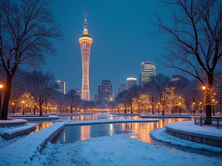 Illustration of Warner Park in Christmas with Warner Tower and Madrid in the distance. Design evokes openness. Avoid large elements.