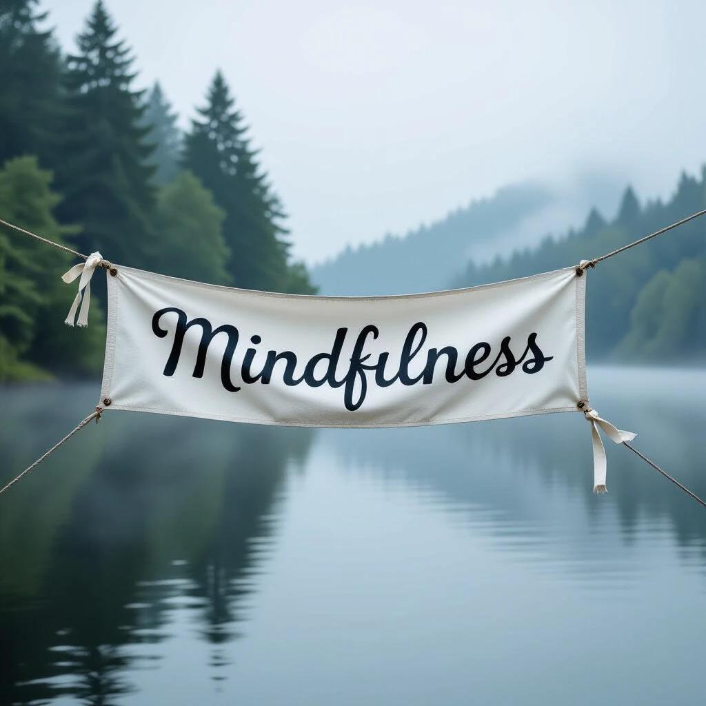 Mindfulness displayed on a banner. Serene foggy lake in the background. Trees along the shore partially hidden by fog. Beautiful script makes the word a focal point. Overall mood encourages peace and introspection.