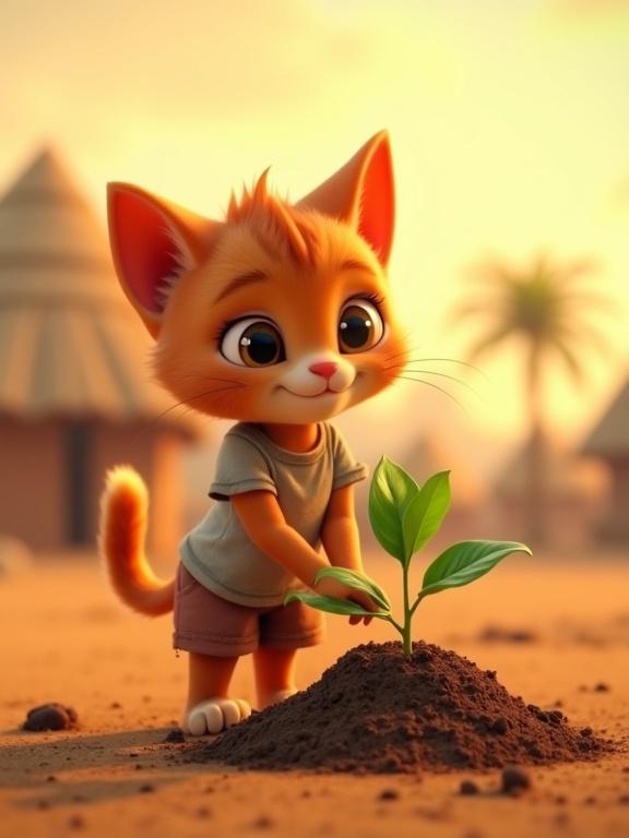 A cute ginger kitten in a torn t-shirt and shorts gently plants a tiny green sapling in a mound of soil. The background features a dry field with distant village huts and palm trees. The atmosphere is warm with the soft light of sunrise or sunset. The kitten displays a hopeful expression. The image is in vertical video format with a 9:16 aspect ratio.