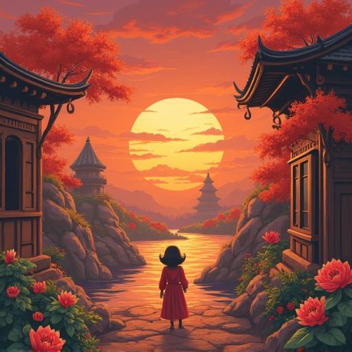A child gazing at a vibrant sunset in a serene landscape with traditional Asian architecture.